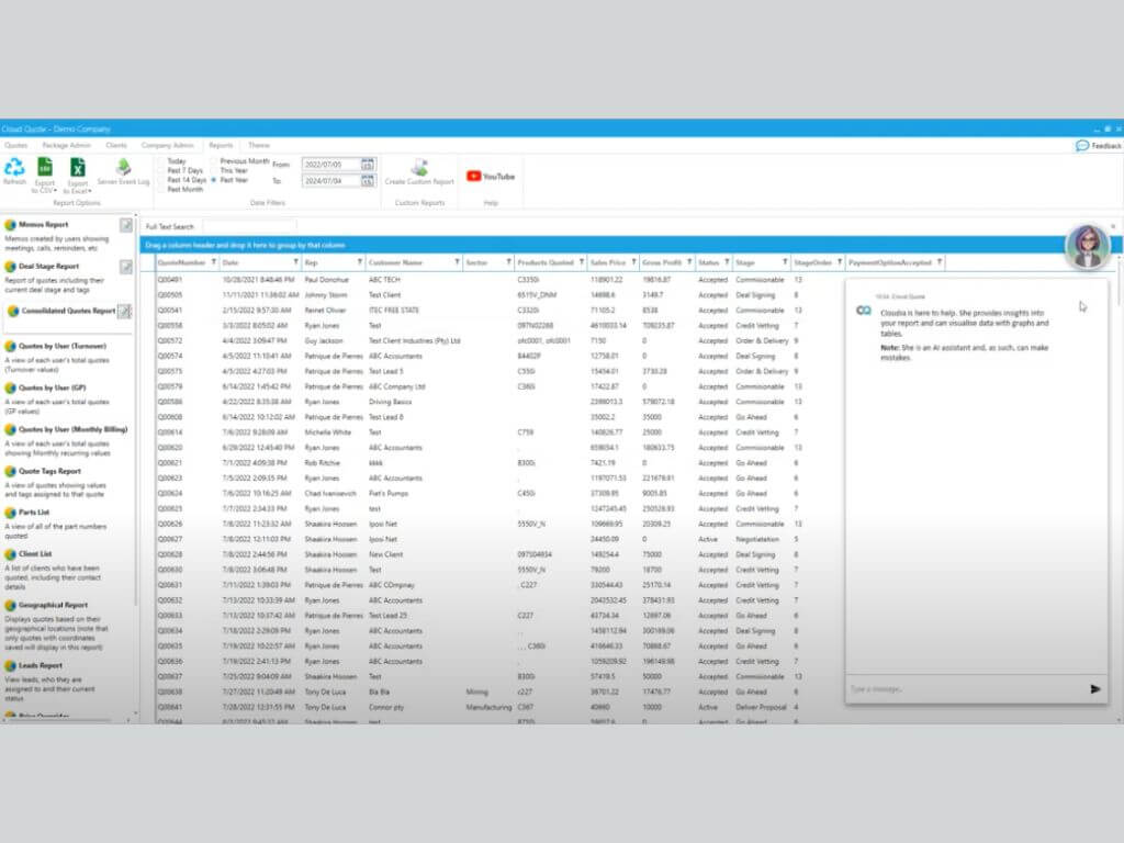 Screenshot of the Cloud Quote sales data interface