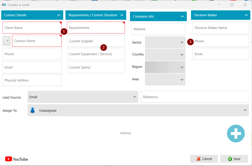 Lead creation form in Cloud Quote showing updated layout with tabbed fields for easy input