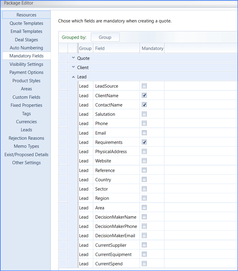 Package Editor in Cloud Quote with options to make lead fields like company name and contact mandatory