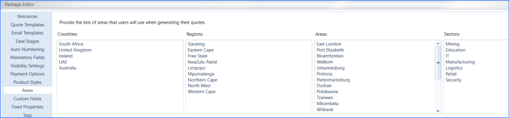 Region, Area, and Sector dropdown settings visible in Cloud Quote’s company profile view