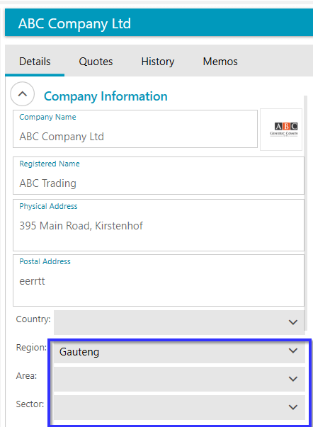 Interface showing editable lists of regions, areas, and sectors in Cloud Quote for custom dropdown options