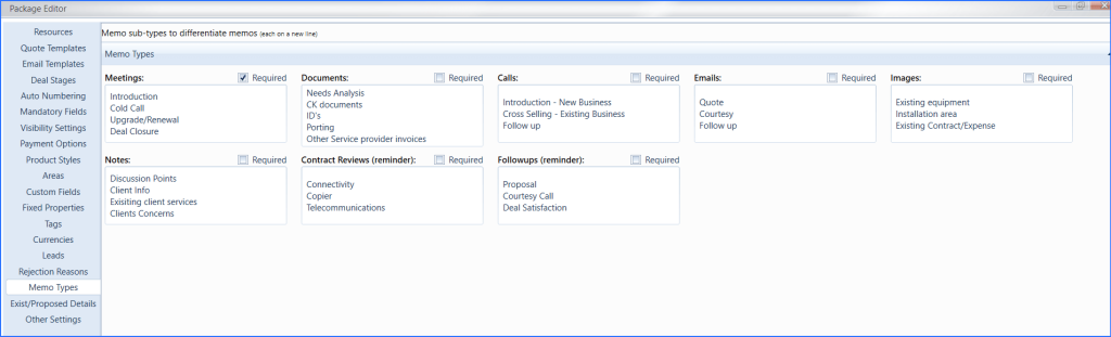 Memo Types configuration in Cloud Quote with required categories for meetings, documents, calls, and images