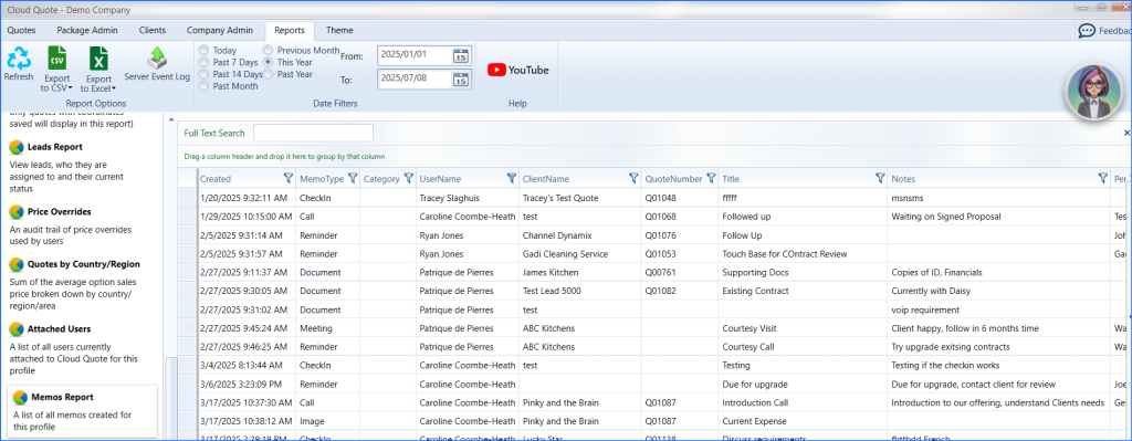 "Cloud Quote reports screen showing user memos and lead activity by memo type and client name