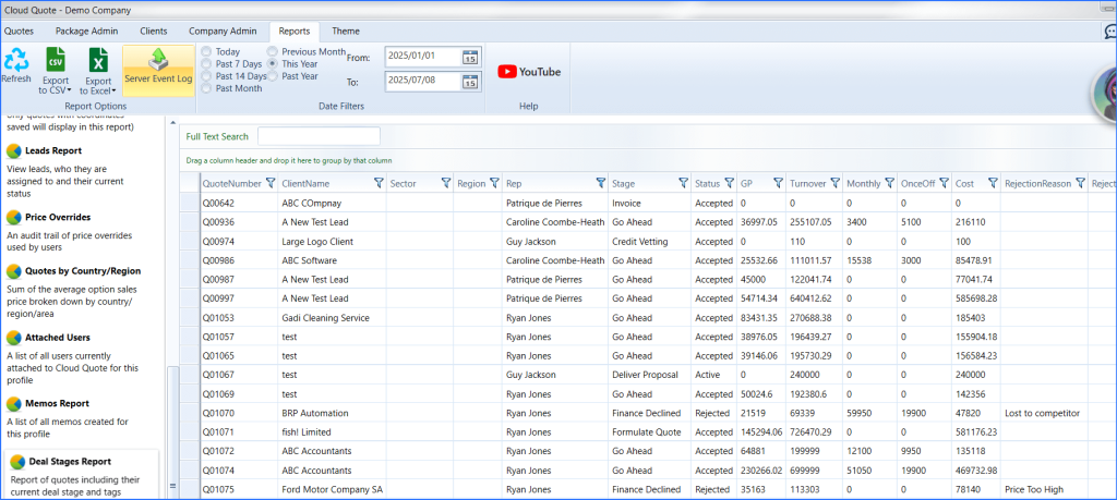 Reports tab in Cloud Quote listing quote numbers, client names, sectors, stages, and financial data