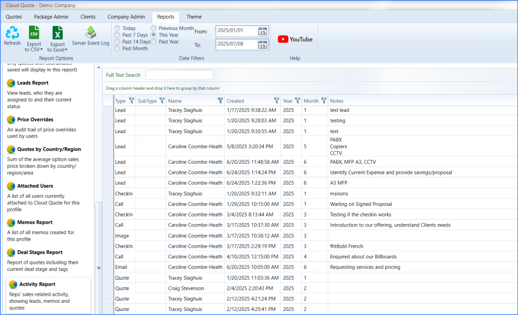 Activity report view in Cloud Quote listing leads, memos, and quotes by date and rep