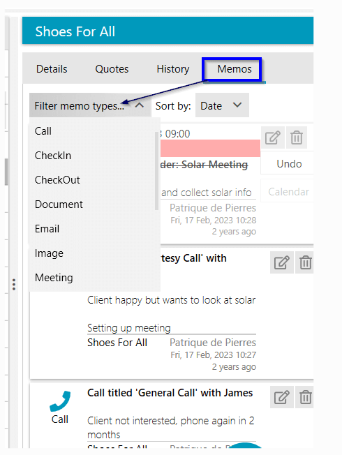 Client profile in Cloud Quote showing filtered memos by type with dropdown menu open