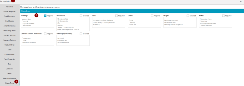 Package Editor view in Cloud Quote with meetings set as required memo category for user submissions
