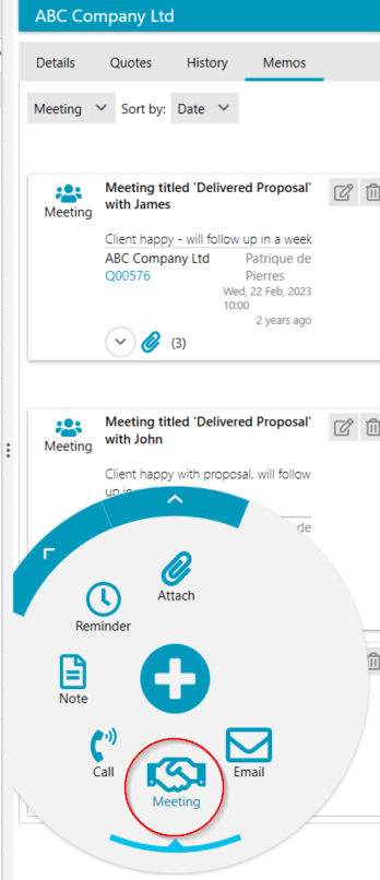 Screenshot of Cloud Quote's memo tab showing meetings sorted by date, with a circular menu and 'Meeting' icon selected to log a new meeting.