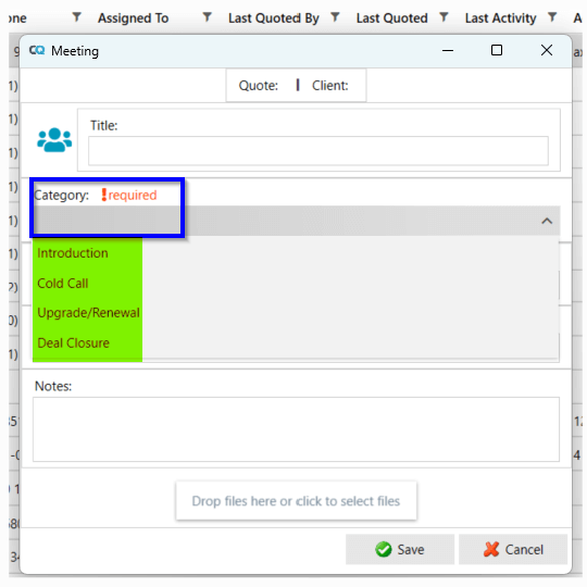 Cloud Quote meeting creation screen with category selection highlighted in red as a required field, showing options like Cold Call and Deal Closure