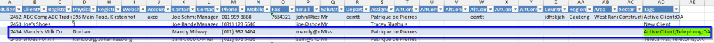 Excel-style table in Cloud Quote showing client contact details, with row for 'Mandy’s Milk Co' highlighted and tags including Active Client, Telephony, and OA.